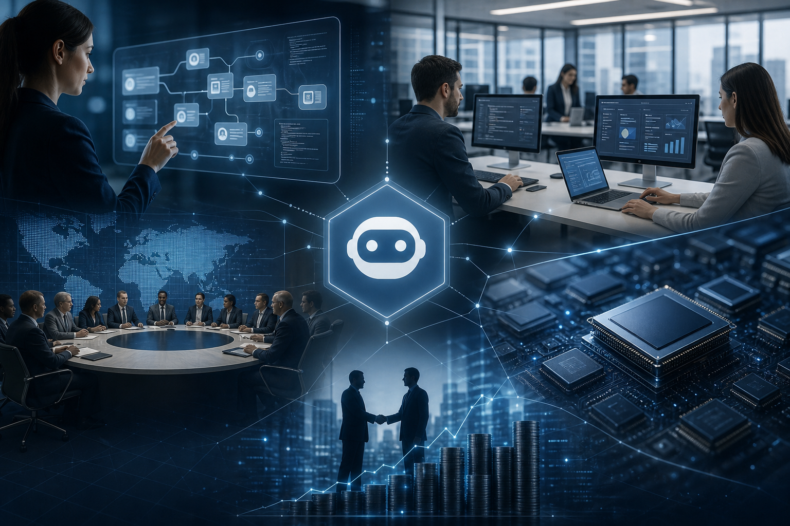 AI news briefing showing model agents, enterprise workflows, global governance and AI chip infrastructure