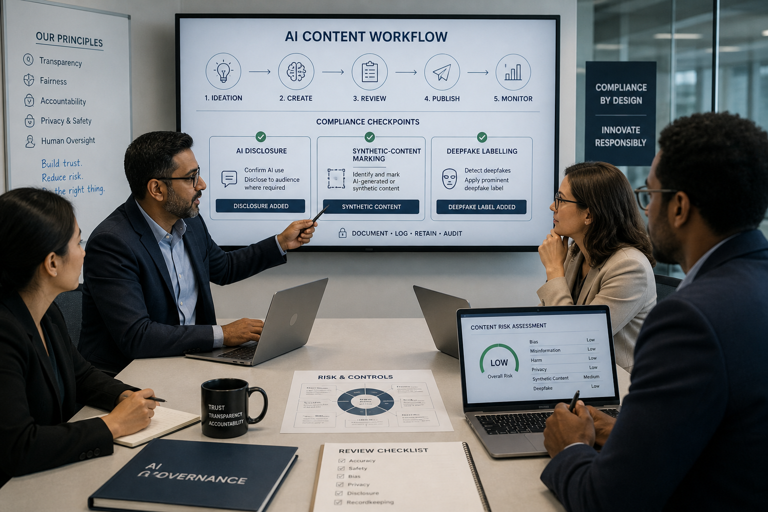 Enterprise compliance team reviewing an AI content workflow, with checkpoints for AI disclosure, synthetic-content marking, and deepfake labelling