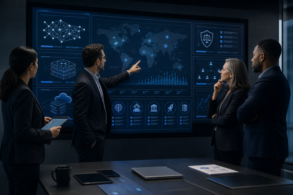 Business leaders reviewing verified AI news about models, agents, regulation, startups, and infrastructure