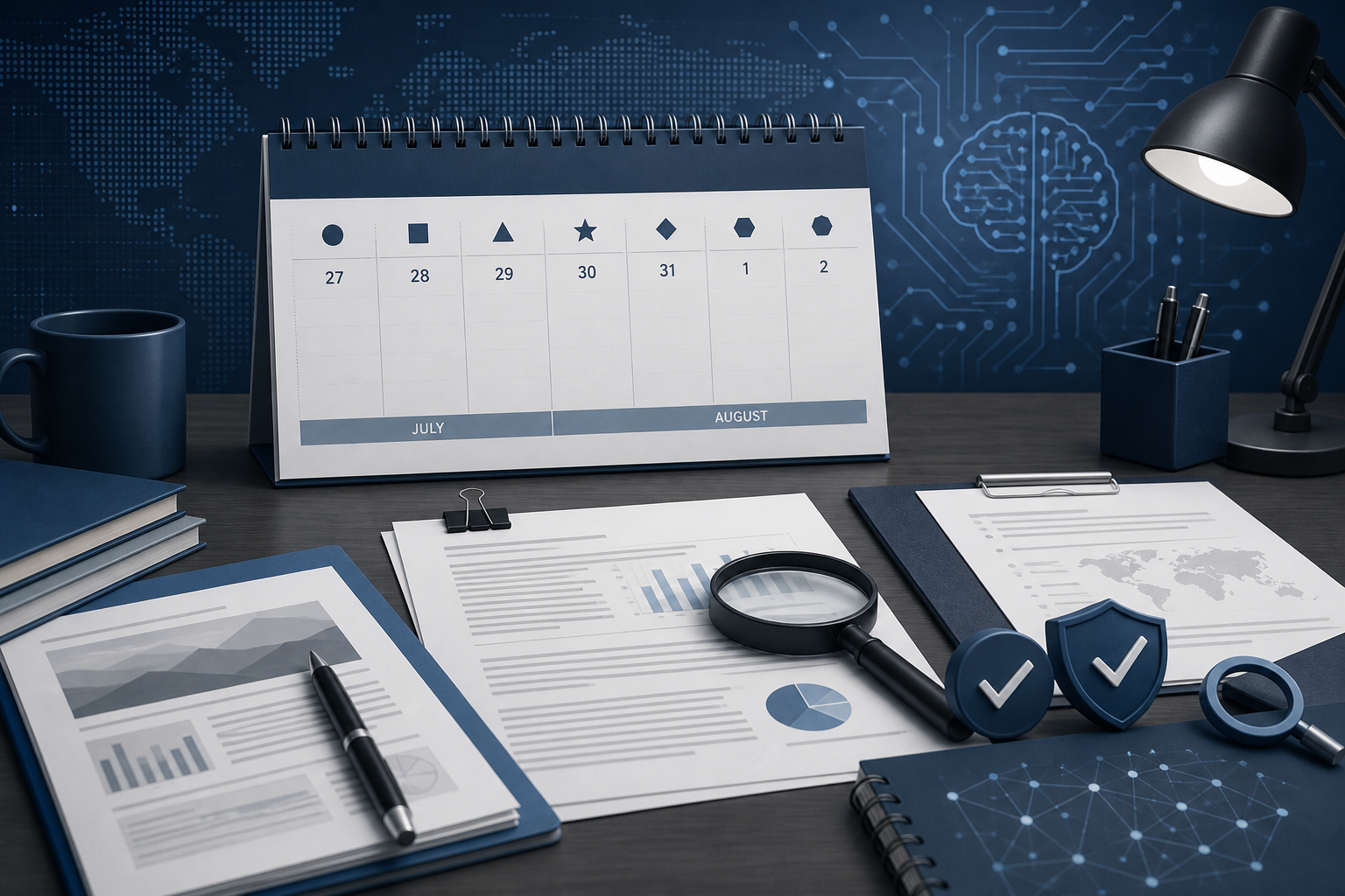 Abstract AI news briefing showing documents, verification markers, and a weekly calendar